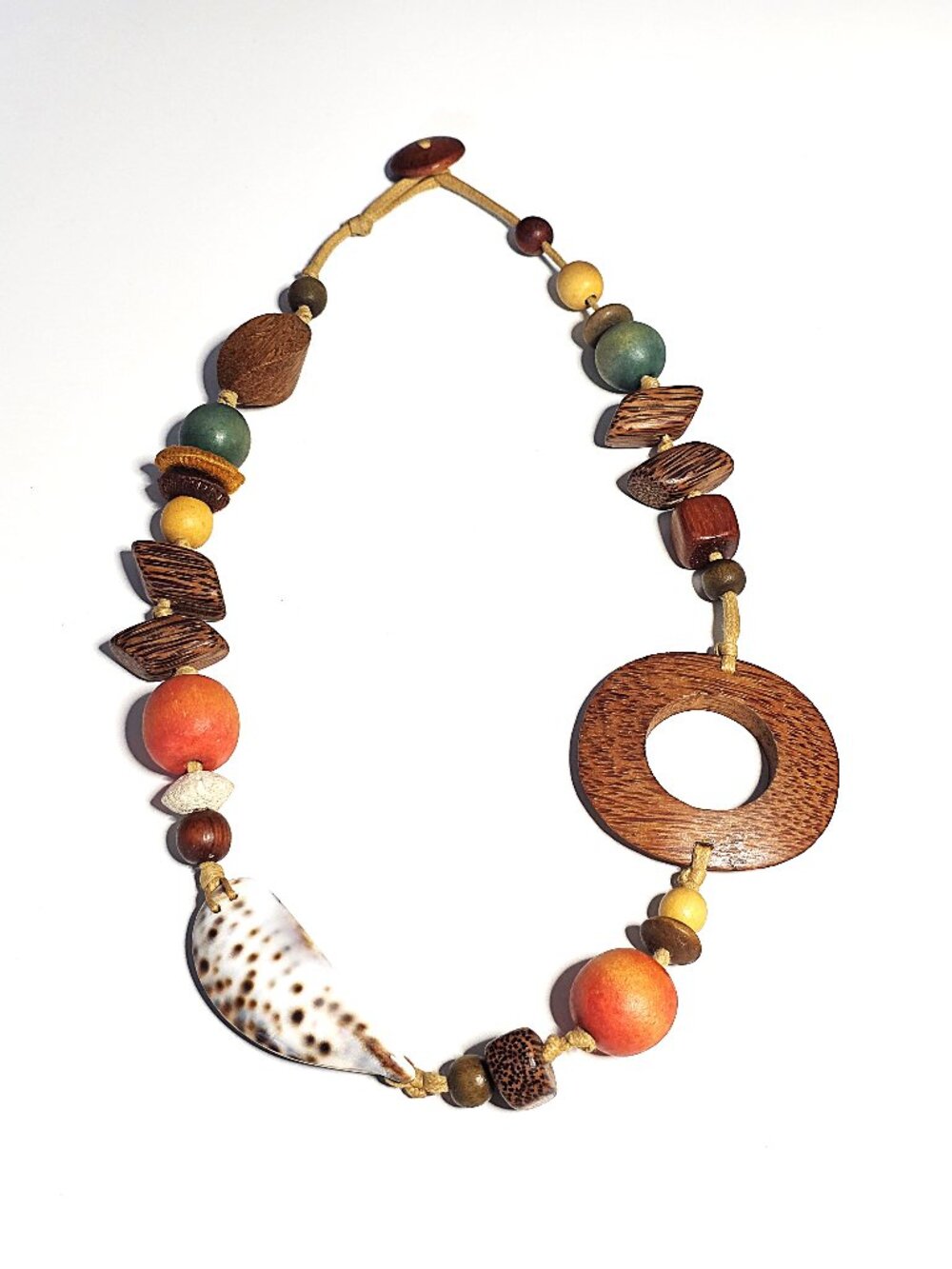 Chunky wood & cowrie shell statement necklace